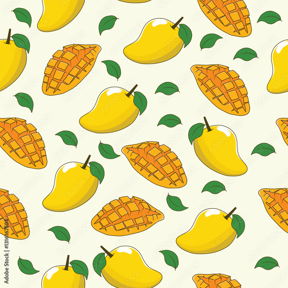 seamless mango pattern, fruit background in flat style, vector illustration background, Perfect for clothing, textile, fabric, background, wallpaper