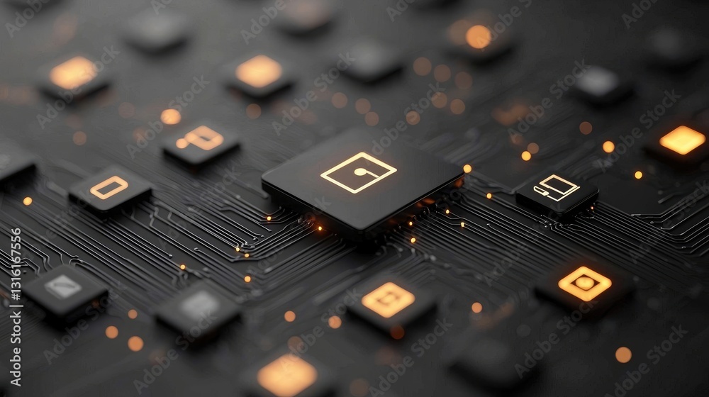 Close-Up View of a Microchip on a Circuit Board with Illuminated Nodes and Geometric Patterns Symbolizing Advanced Technology and Digital Connectivity Close-Up View of a Microchip on a Circuit Board with Illuminated Nodes and Geometric Patterns Symbolizing Advanced Technology and Digital Connectivity