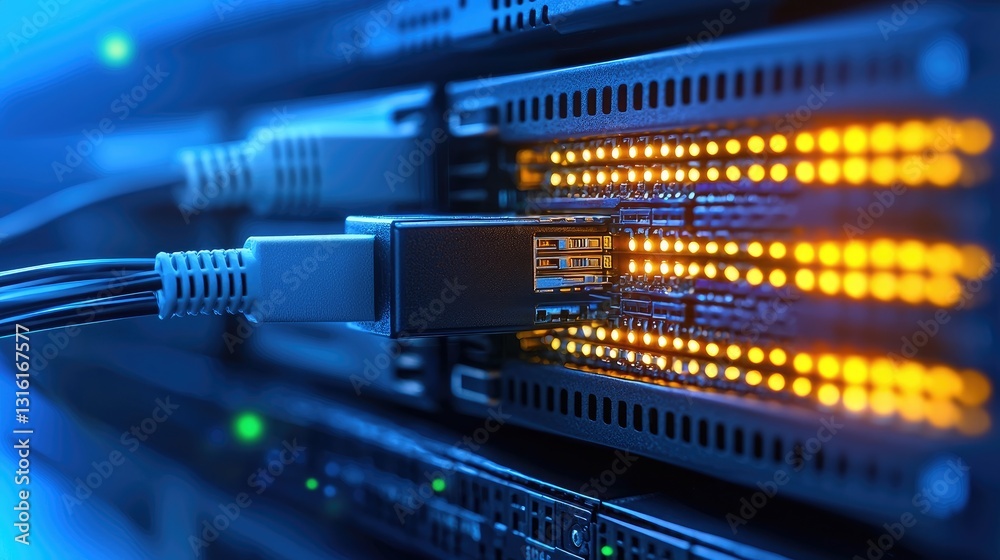 Close-Up View of Data Cables Connecting to Illuminated Servers Inside a High-Tech Data Center with Vibrant LED Indicators and Advanced Networking Technology Close-Up View of Data Cables Connecting to Illuminated Servers Inside a High-Tech Data Center with Vibrant LED Indicators and Advanced Networking Technology