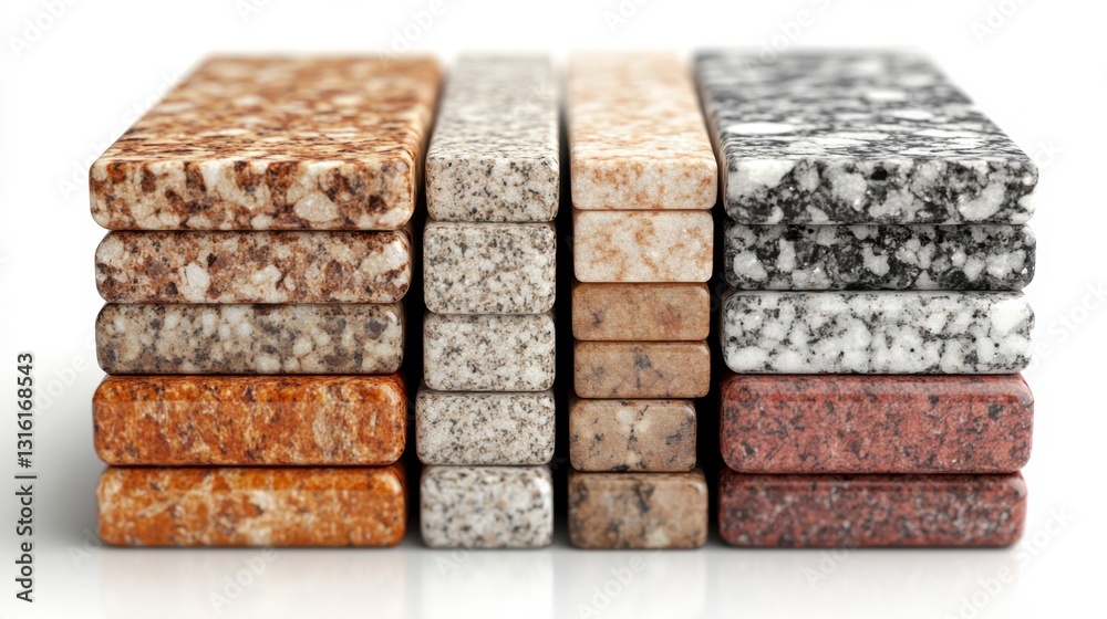 Close up view of stacked granite samples showcasing variations in color and pattern. The samples are neatly arranged against a bright white background. Close up view of stacked granite samples showcasing variations in color and pattern. The samples are neatly arranged against a bright white background.