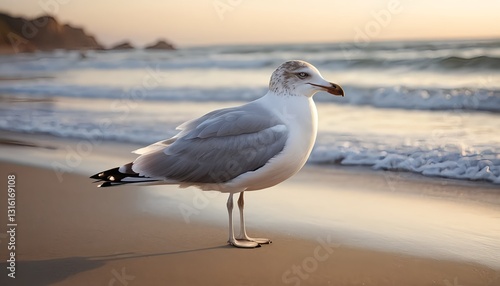Seagull on Sandy Beach at Sunset