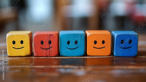 Colorful Wooden Blocks with Happy Faces  Positive Emotions  Team Concept