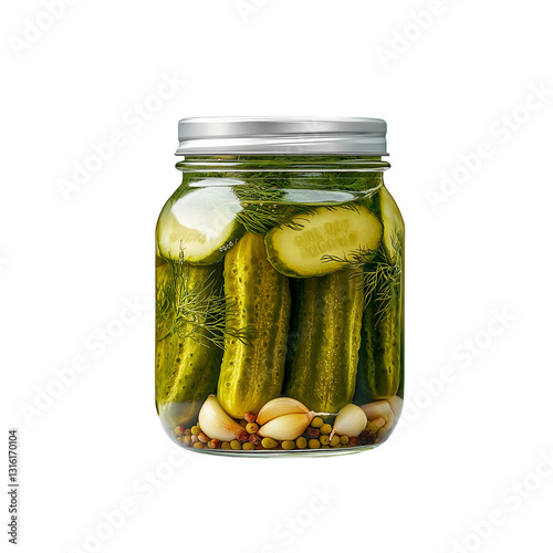 A jar filled with pickled cucumbers, whole and sliced pieces, with spices and herbs visible in the brine, isolated on white or transparent png