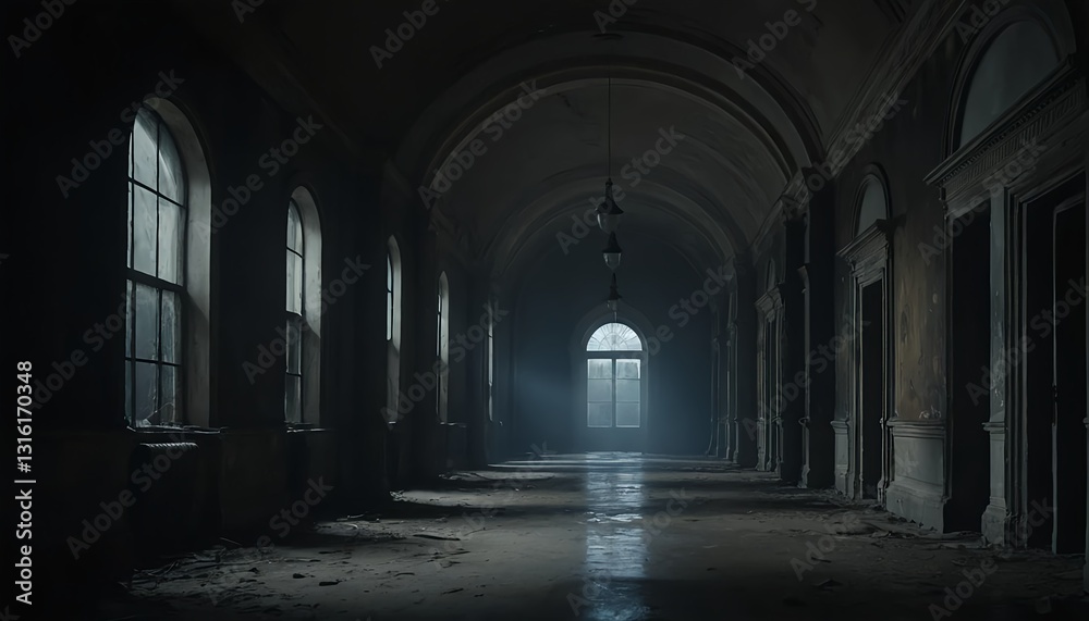 Dark and Mysterious Hallway in Abandoned Building Dark and Mysterious Hallway in Abandoned Building