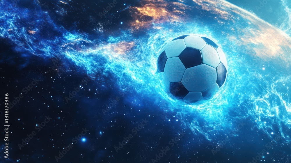 Naklejka premium Fiery soccer ball in space, cosmic energy, glowing flames.