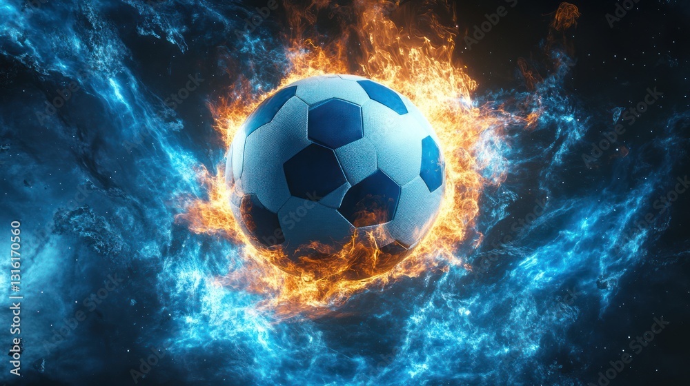 Fototapeta premium Fiery soccer ball engulfed in flames and icy blue energy, dynamic sports motion.