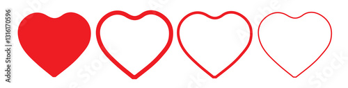 Red heart icon set, love symbol vector elements, valentine's day. Liner outlined and flat red color. Vector Illustration Eps 10