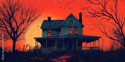 Creepy old house surrounded by ominous trees and birds