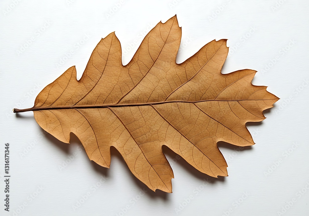 Fototapeta premium Dried Oak Leaf Close Up Isolated on White Background Showing Veins