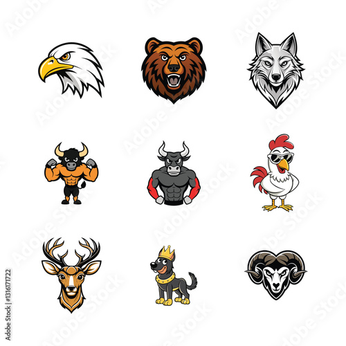 Set of funny cartoon animals mascot logos in write background