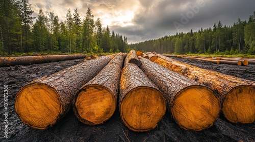 Timber in a forest clearing, representing eco-friendly harvesting methods.