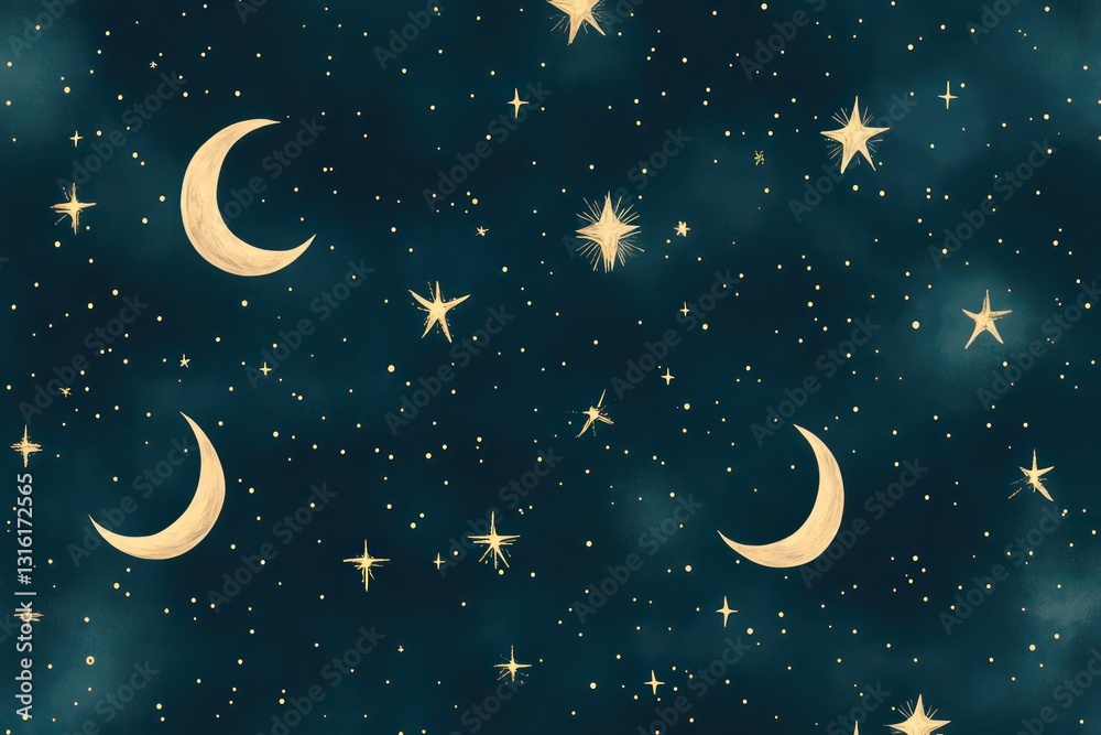 A smooth, artistic seamless pattern of the night sky filled with moon phases, stars, and cosmic wonders in soft, classic colors.