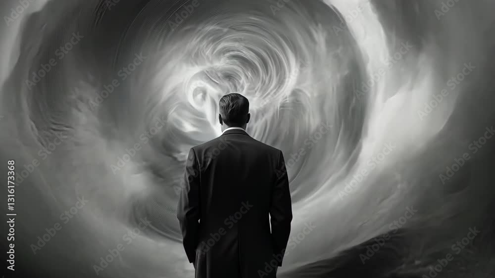 A man in a suit stands before a swirling vortex of clouds and data, representing time distortion and altered perception in a monochrome surreal setting.