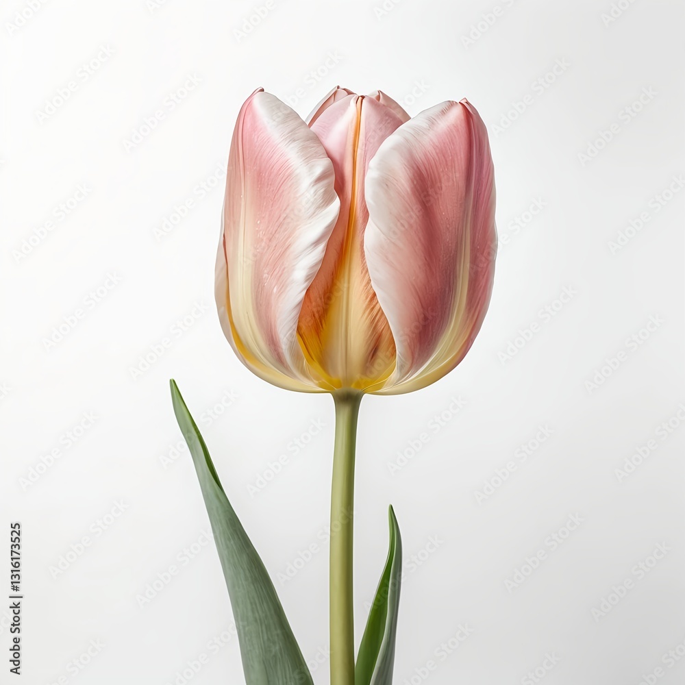 Fototapeta premium Single Pink and Yellow Tulip on White Background