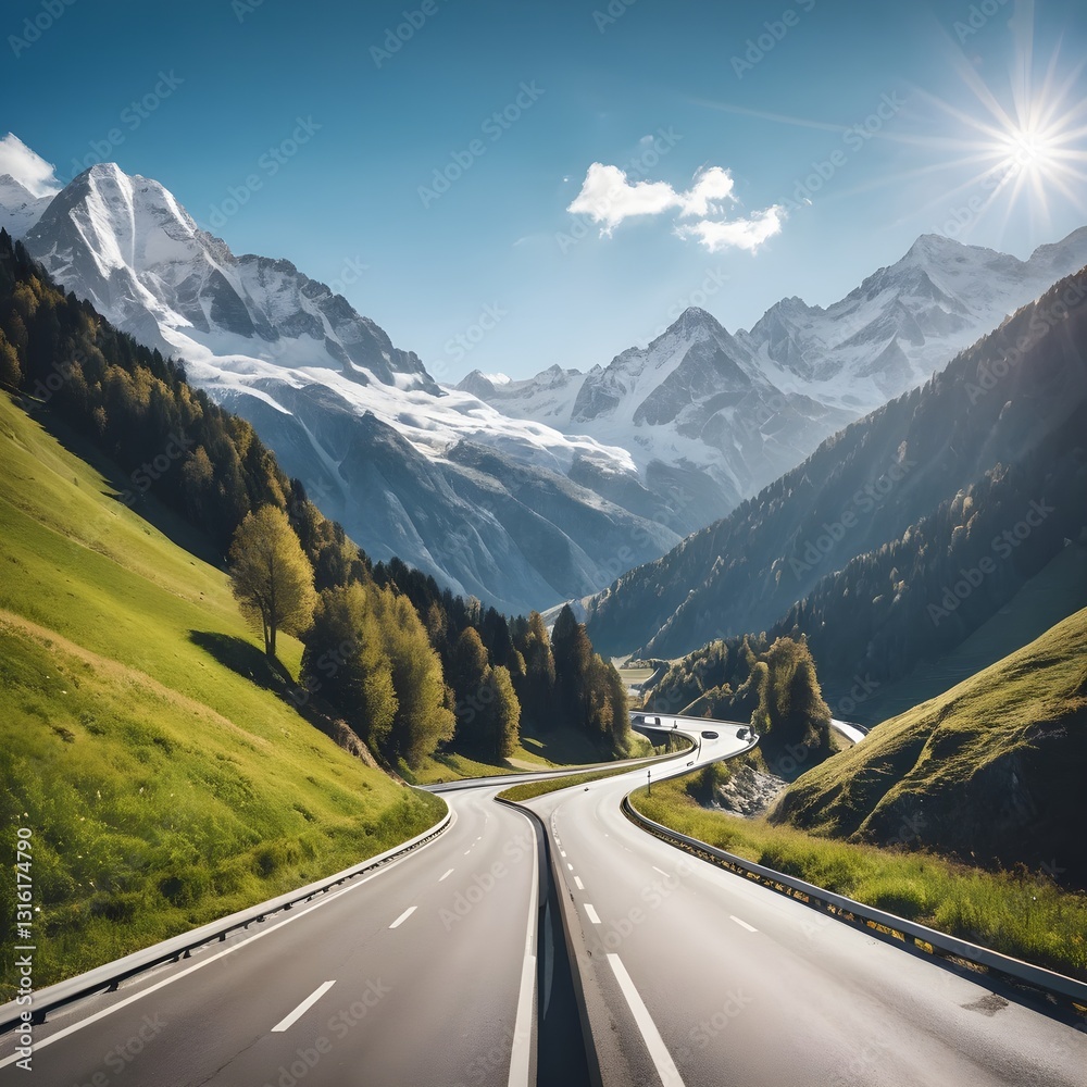 Winding Mountain Road through Alpine Scenery