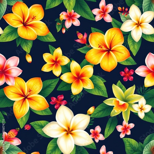Seamless floral pattern, Flower pattern,Tropical Floral Pattern with Vibrant Hibiscus and Plumeria on Dark Background