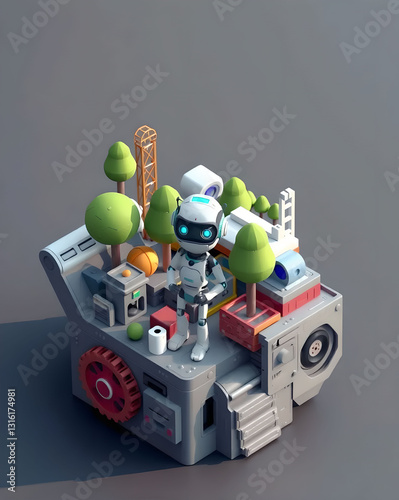 3D Render of a Robot working on a big truck with trees