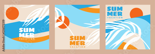Concept of summer vacation bright cover set, card or poster in minimal style collection for corporate identity, branding, social media ads, promo. Modern design template in trendy geometric style