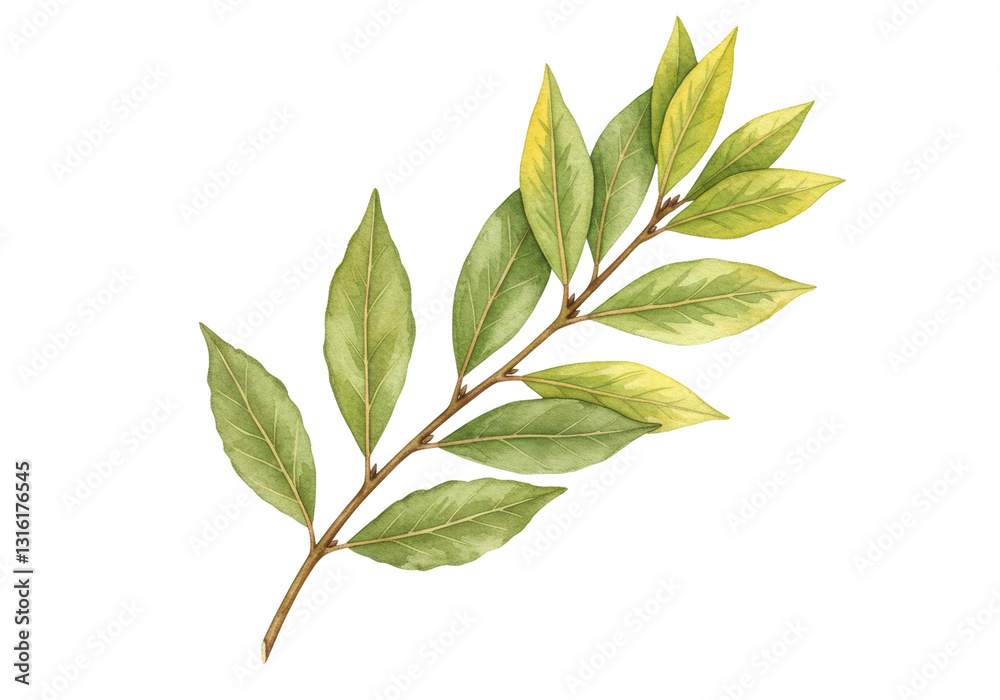 Fototapeta premium Isolated Watercolor Bay Laurel Branch with Leaves