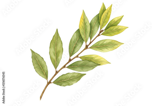 Isolated Watercolor Bay Laurel Branch with Leaves