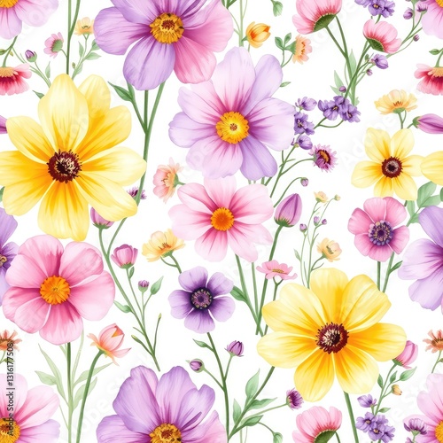 Seamless floral pattern, Seamless Watercolor Wildflower Pattern on White Background