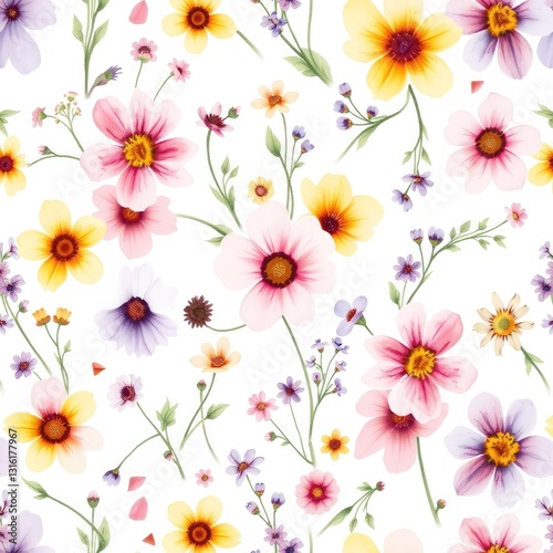 Seamless floral pattern, Seamless Watercolor Wildflower Pattern on White Background