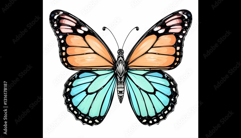 Fototapeta premium Vibrant Butterfly Illustration with Orange and Blue Wings Symmetry