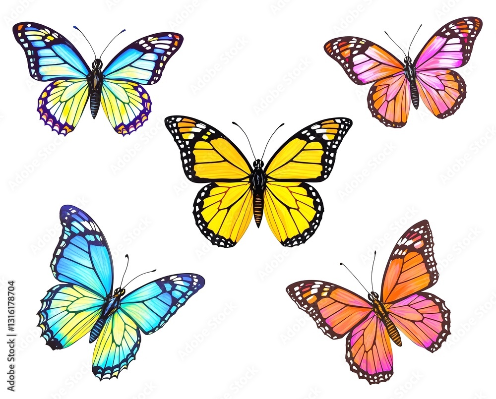 Obraz premium Playful Vivid Butterfly Quintet Isolated on White Background - Cheerful Design Elements for Children's Projects and Springtime Greeting Cards