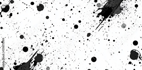Black ink splatters across a white surface, creating a dynamic grunge texture suitable for graphic design and artistic works
