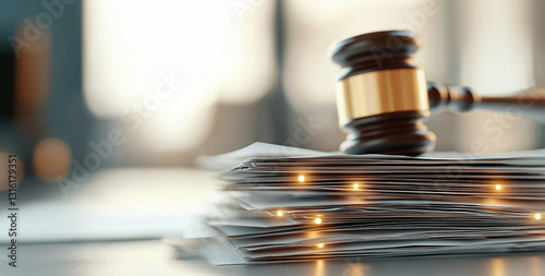 judge gavel rests on stack of documents, symbolizing justice and legal proceedings. scene conveys sense of authority and order in legal system