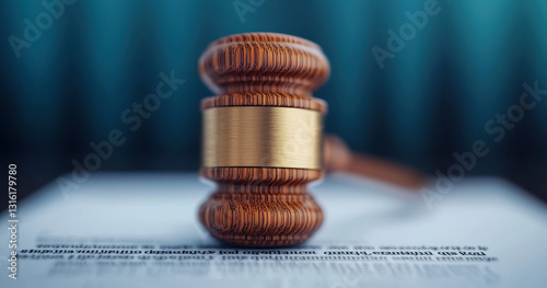 wooden gavel rests on legal document, symbolizing justice and authority in courtroom setting. image conveys sense of seriousness and professionalism in legal matters