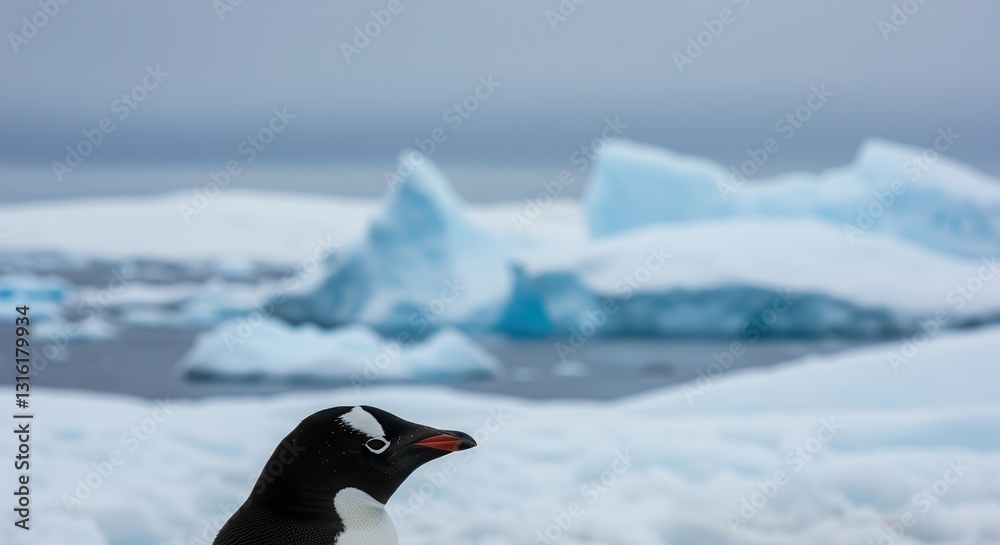 Naklejka premium Gentoo Penguin Portrait Against a Backdrop of Antarctic Icebergs Landscape