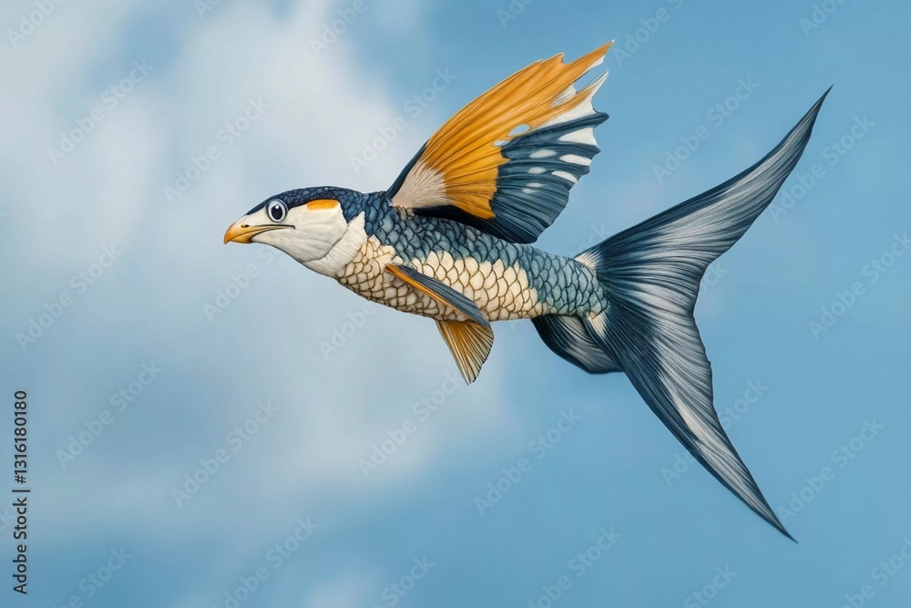 Naklejka premium Unique depiction of a fish with wings soaring through a bright blue sky filled with clouds