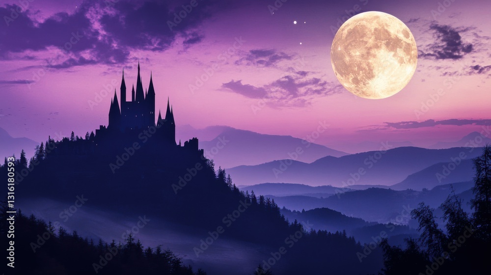 Silhouette of a Castle on a Hilltop Under a Full Moon** Silhouette of a Castle on a Hilltop Under a Full Moon**