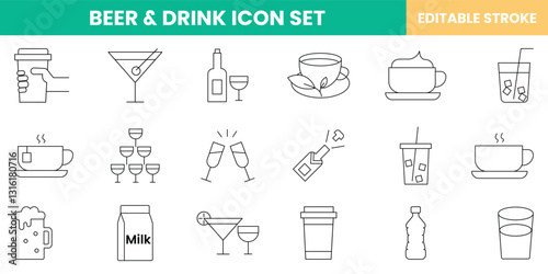 beer icon set, drink icon set, customizable stroke, vector