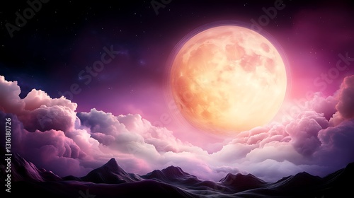 Majestic moonrise over serene mountains digital art nighttime dreamy concept