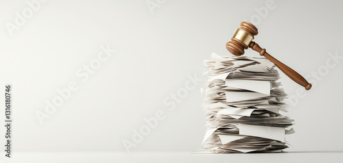 judge gavel rests above tall stack of documents, symbolizing legal authority and decision making. scene conveys sense of order amidst chaos in legal process