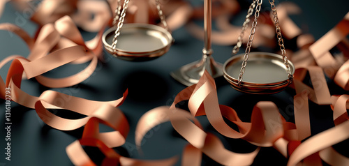 Scale of justice surrounded by glowing red tape, symbolizing legal challenges and complexities. balance represents fairness amidst confusion