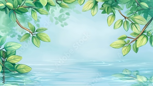 Serene Lakeside Scene with Lush Green Leaves