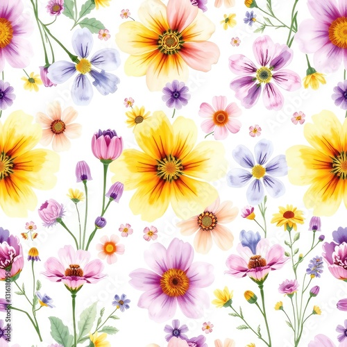 Seamless floral pattern, Seamless Watercolor Wildflower Pattern on White Background