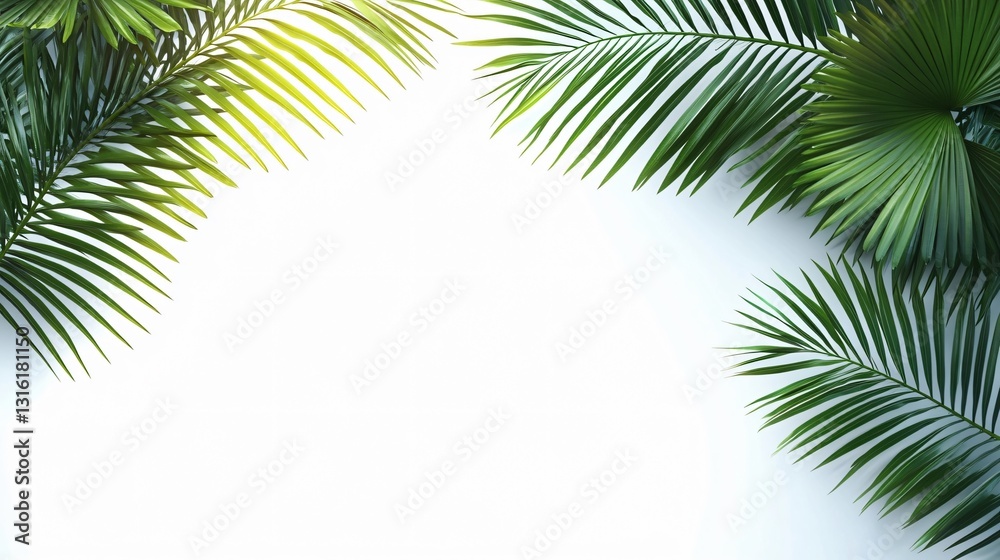 Fototapeta premium A close-up shot of tropical palm leaves on a white background, perfect for travel brochures, summer promotions, nature-themed projects, or wellness and relaxation branding.
