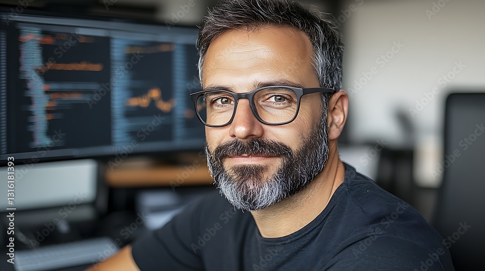 Creative developer working on code projects in modern office environment Creative developer working on code projects in modern office environment