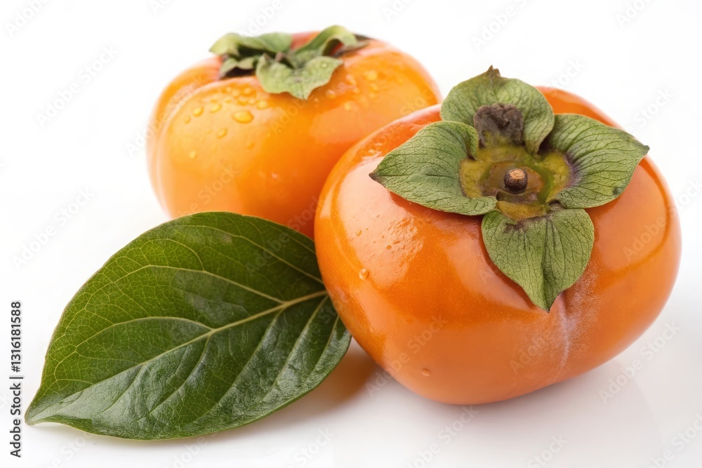 Harvesting glossy orange persimmons with green leaves in a bright kitchen setting for food photography Harvesting glossy orange persimmons with green leaves in a bright kitchen setting for food photography