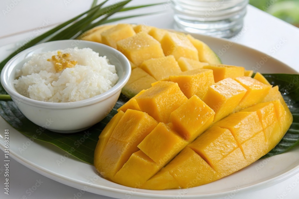 Savoring sweet mango slices with sticky rice tropical paradise food delight outdoor setting close-up view mango bliss for summer treats