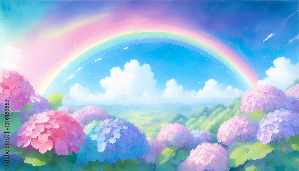 雨上がりの大きな虹と紫陽花の花畑 雨上がりの大きな虹と紫陽花の花畑