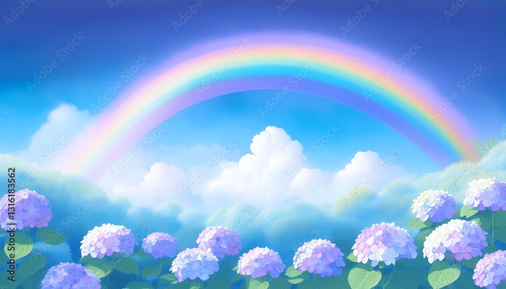 雨上がりの大きな虹と紫陽花の花畑 雨上がりの大きな虹と紫陽花の花畑