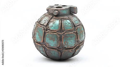 Close up view of a weathered, teal and bronze hand grenade on a white background. The grenade shows signs of age and wear, with a textured surface.