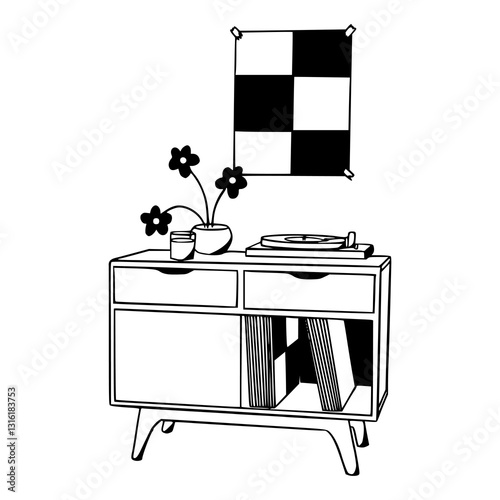 modern sideboard with checkered wall art vector illustration