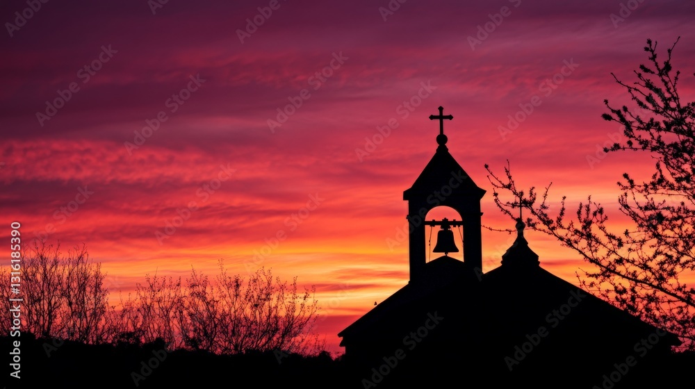 Fototapeta premium Silhouette of church bell tower against vibrant sunset sky