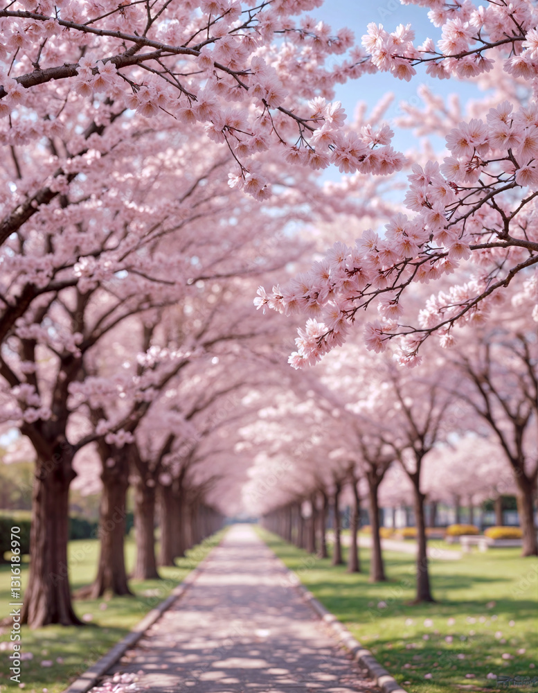 A quiet park pathway lined with cherry blossom trees A quiet park pathway lined with cherry blossom trees